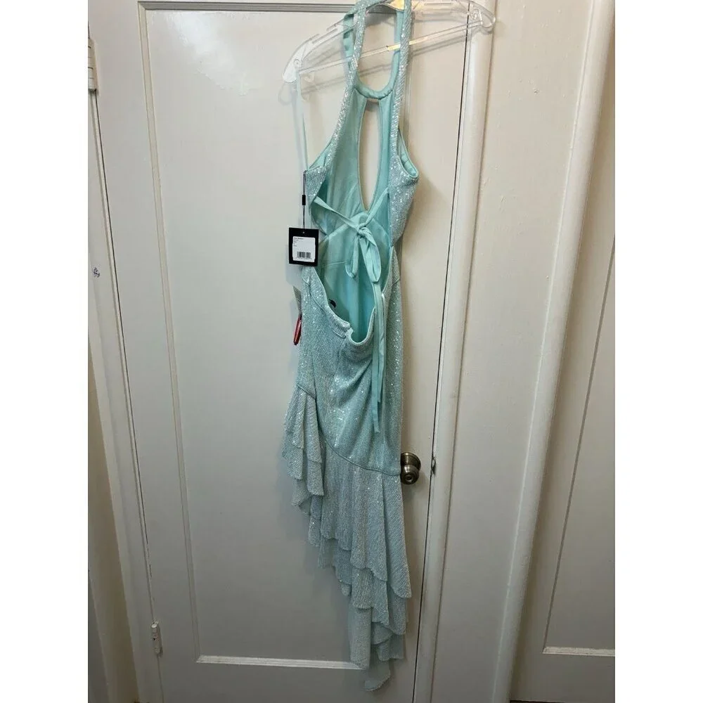 Mac Duggal A11274‎ Aqua Sequined Halter Cut Out Ruffle Asymmetrical Dress Size 8